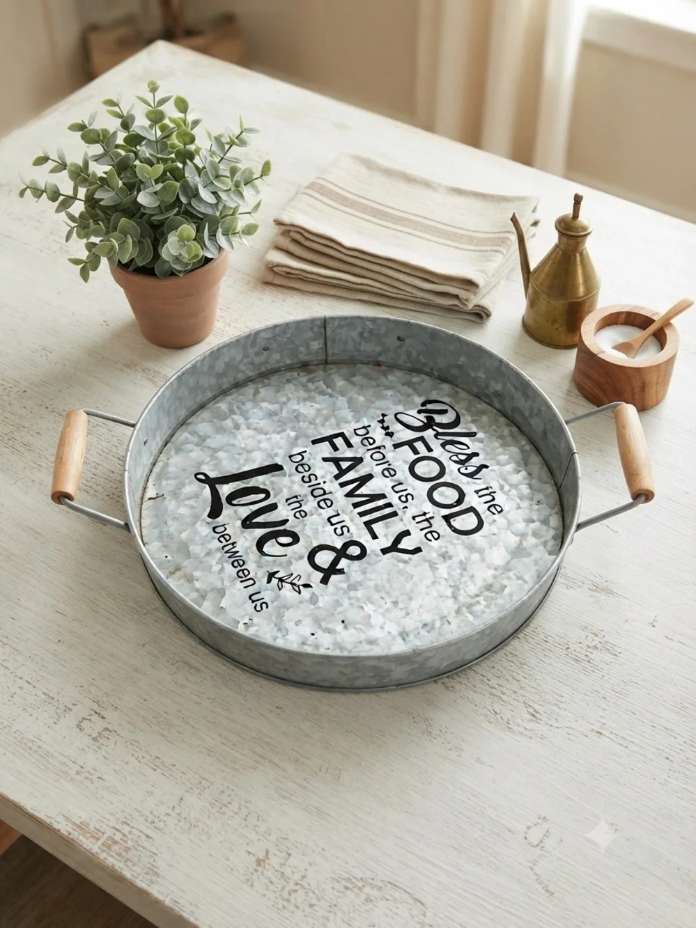 Galvanized Metal Round Serving Tray with Wooden Handles - Gray